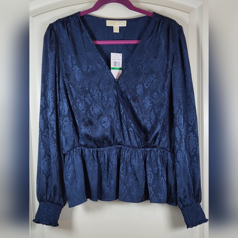 MICHAEL MICHAEL KORS Womens Dark Blue Faux Wrap Peplum Top - Size L (NWT) - Picture 3 of 9